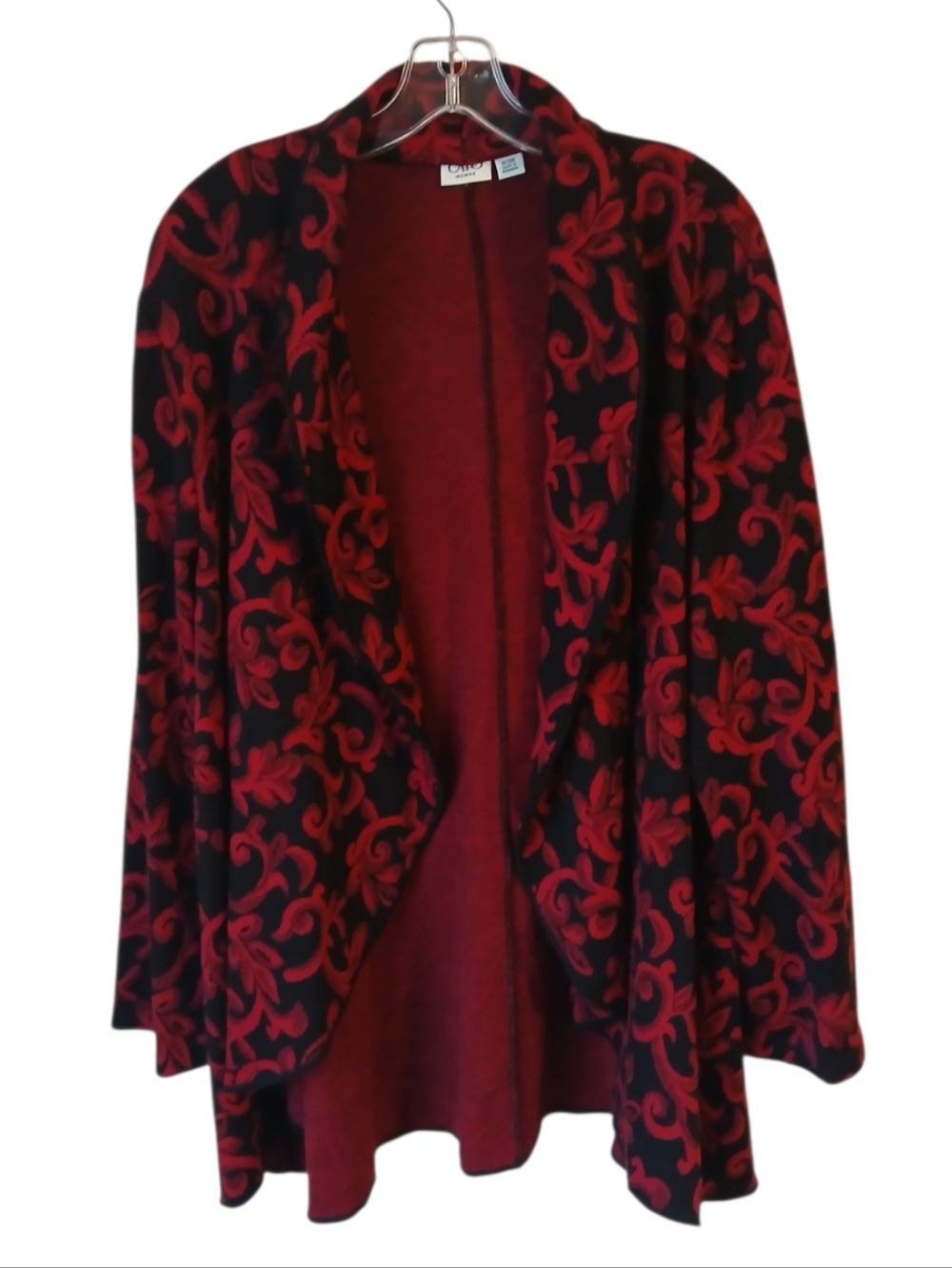 Cato Open Front Red and Black Patterned Sweater Cardigan